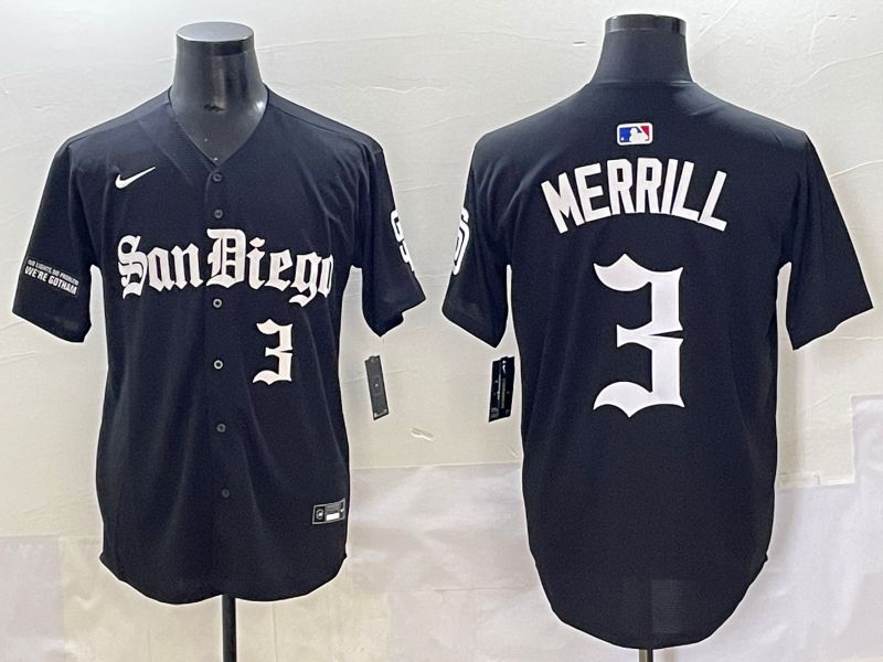 Men 2025 San Diego Padres #3 Merrill Black Five generations Joint Name Nike MLB Jersey style 9->san diego padres->MLB Jersey